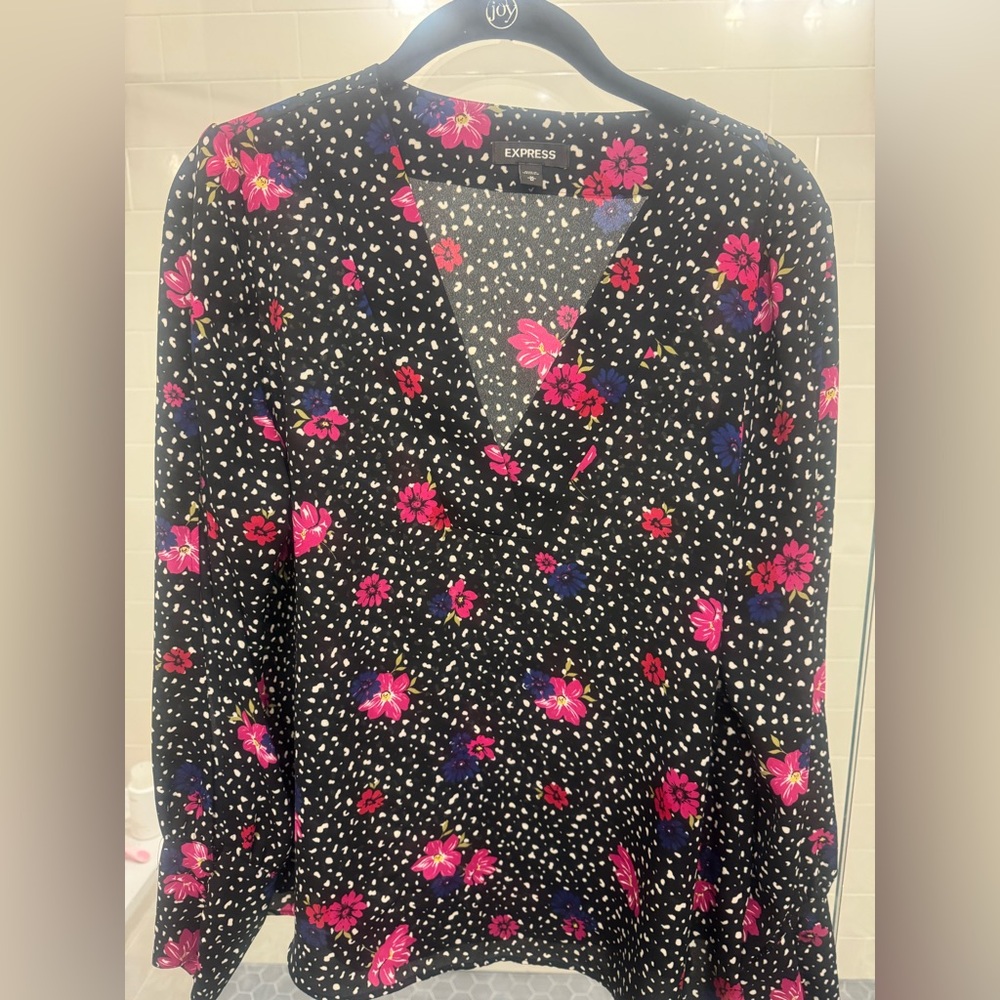 Express Black Blouse with Pink and Purple Floral Design